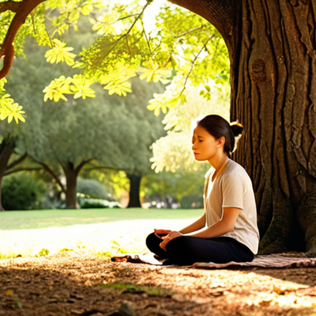 **Image:** A person sitting peacefully under a large oak tree in a sun-dappled park, eyes closed, deeply breathing. Focus on the serenity of the scene, with soft, golden light filtering through the leaves. Emphasize the textures of the tree bark and surrounding foliage.
    **Prompt:** serene park, person meditating under oak tree, eyes closed, breathing deeply, dappled sunlight, golden hour, detailed bark texture, lush foliage, peaceful atmosphere, mindfulness, nature connection.