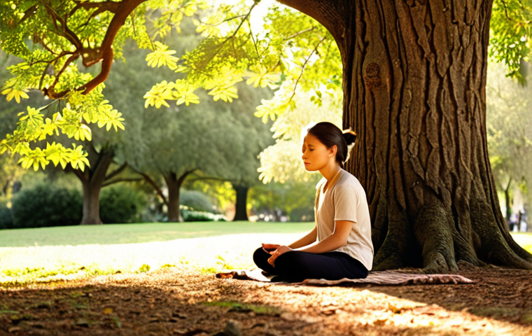 **Image:** A person sitting peacefully under a large oak tree in a sun-dappled park, eyes closed, deeply breathing. Focus on the serenity of the scene, with soft, golden light filtering through the leaves. Emphasize the textures of the tree bark and surrounding foliage.
**Prompt:** serene park, person meditating under oak tree, eyes closed, breathing deeply, dappled sunlight, golden hour, detailed bark texture, lush foliage, peaceful atmosphere, mindfulness, nature connection.