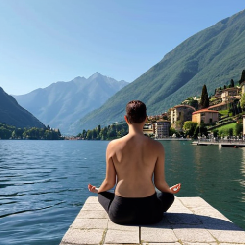 ** A person sitting peacefully by Lake Como, Italy, with mountains in the background, meditating. Focus on the serene atmosphere and the connection with nature.

**