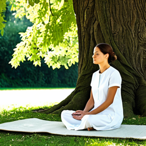 Home 21 A calm person in modest, layered, breathable natural fabric clothing, seated peacefully on an ergonomic meditation mat under an ancient, majestic tree in a serene Italian park. Gentle sunlight filters through the leaves, with rustling sounds implied by the tranquil scene. The pose is natural and relaxed, with perfect anatomy and correct proportions. The image captures a moment of quiet reflection, fully clothed, appropriate attire, safe for work, appropriate content, professional dress, professional photography, high quality, natural body proportions, well-formed hands, proper finger count, family-friendly.