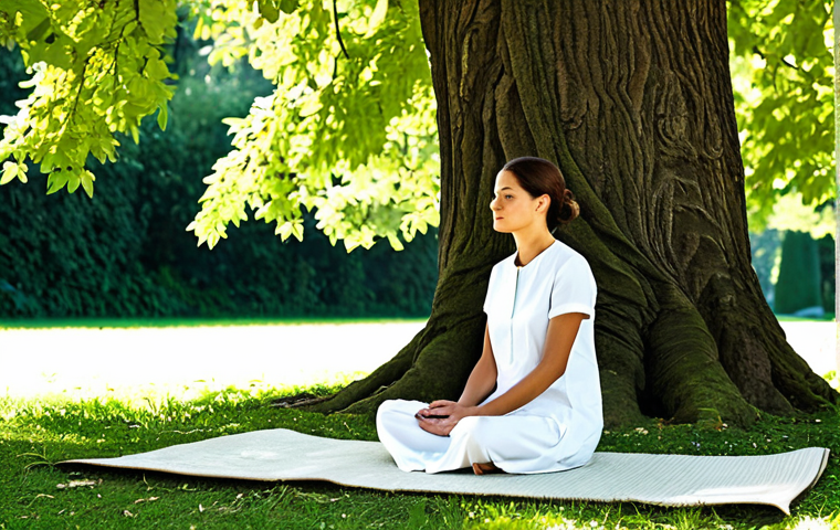 A calm person in modest, layered, breathable natural fabric clothing, seated peacefully on an ergonomic meditation mat under an ancient, majestic tree in a serene Italian park. Gentle sunlight filters through the leaves, with rustling sounds implied by the tranquil scene. The pose is natural and relaxed, with perfect anatomy and correct proportions. The image captures a moment of quiet reflection, fully clothed, appropriate attire, safe for work, appropriate content, professional dress, professional photography, high quality, natural body proportions, well-formed hands, proper finger count, family-friendly.