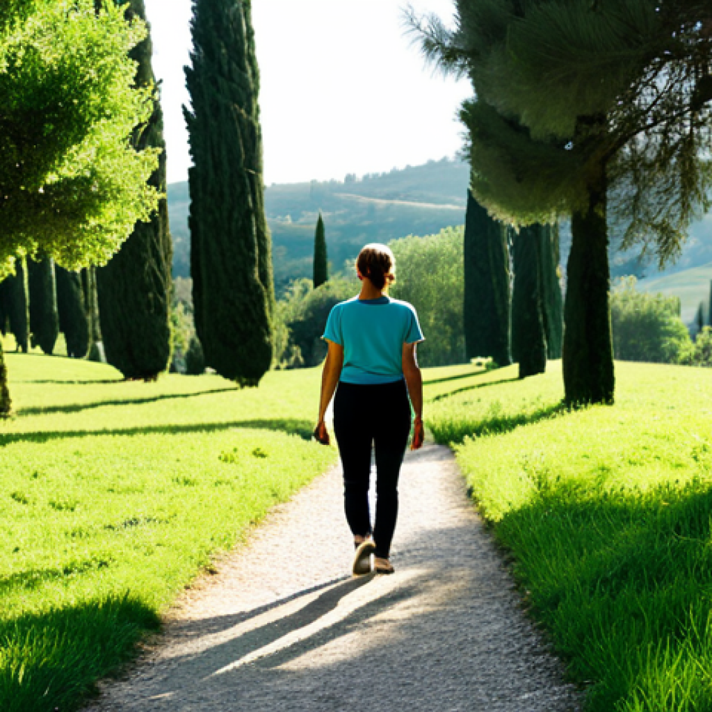 **
"A woman in appropriate attire, fully clothed in comfortable walking clothes, practicing mindful walking in a lush green park in Tuscany, Italy. Sunlight filters through the trees, creating a peaceful atmosphere. Safe for work, professional photography, perfect anatomy, natural proportions, appropriate content, family-friendly."
**
