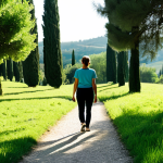 Home 8 **
"A woman in appropriate attire, fully clothed in comfortable walking clothes, practicing mindful walking in a lush green park in Tuscany, Italy. Sunlight filters through the trees, creating a peaceful atmosphere. Safe for work, professional photography, perfect anatomy, natural proportions, appropriate content, family-friendly."
**
