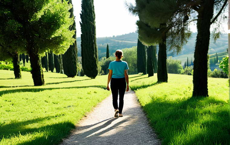 **
"A woman in appropriate attire, fully clothed in comfortable walking clothes, practicing mindful walking in a lush green park in Tuscany, Italy. Sunlight filters through the trees, creating a peaceful atmosphere. Safe for work, professional photography, perfect anatomy, natural proportions, appropriate content, family-friendly."
**