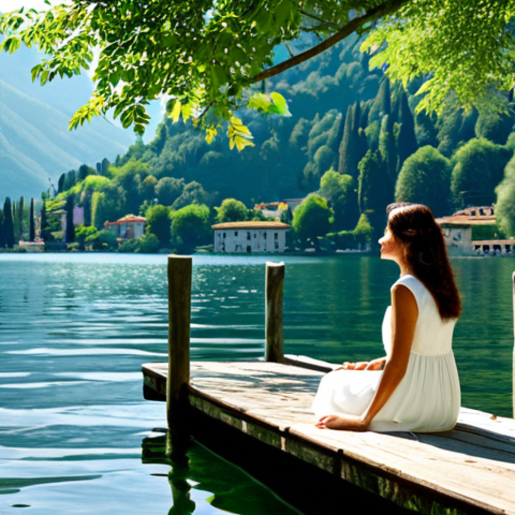 자연을 통해 배우는 마인드풀니스의 중요성 - Tranquil Lakeside Scene**

A serene view of Lake Como, Italy. A woman in a modest, light summer dres...