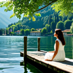 Home 12 자연을 통해 배우는 마인드풀니스의 중요성 - Tranquil Lakeside Scene**
A serene view of Lake Como, Italy. A woman in a modest, light summer dres...