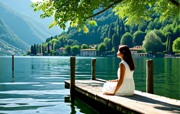 자연을 통해 배우는 마인드풀니스의 중요성 - Tranquil Lakeside Scene**
A serene view of Lake Como, Italy. A woman in a modest, light summer dres...