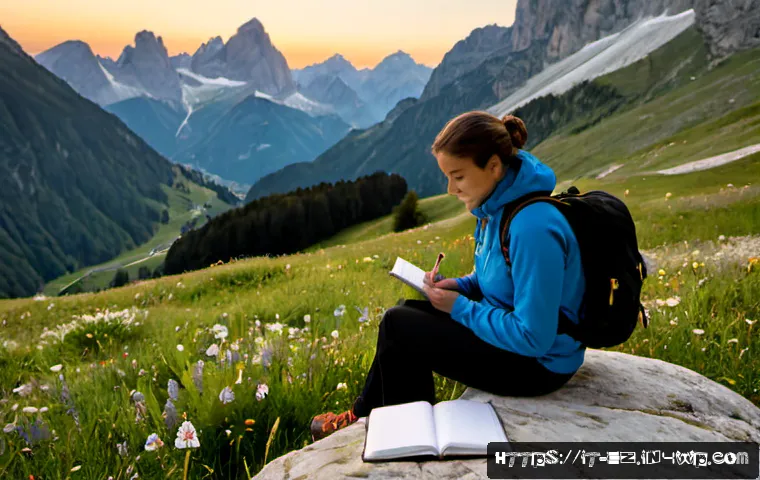 Home 10 자연 속에서의 마인드풀니스 체험을 기록하는 방법 - Photorealistic mindful nature journaling scene in an Italian alpine meadow at sunrise, adult hiker i...