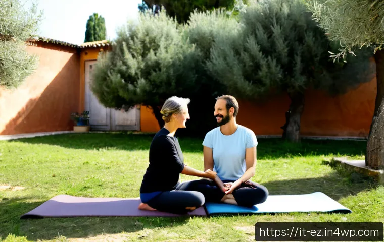 Home 13 마인드풀니스 활동을 위한 친구와 팀 만들기 - Photorealistic scene of four Italian friends in their 30s and 40s forming a small mindfulness group ...