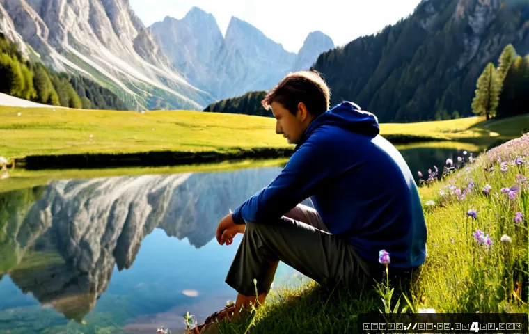 Home 14 마인드풀니스와 생태관광의 결합 - Photorealistic mindful ecotourism scene in the Italian Dolomites, an adult traveler in modest hiking...
