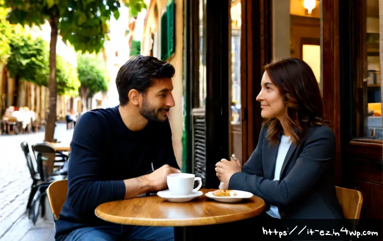 Home 15 마인드풀니스와 인간 관계 개선하기 - Photorealistic warm scene in a sunlit Italian neighborhood café, two adult friends sitting across fr...
